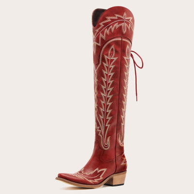The Ross - Red Over-the-Knee Cowgirl Boots with Back Tie & Embroidery