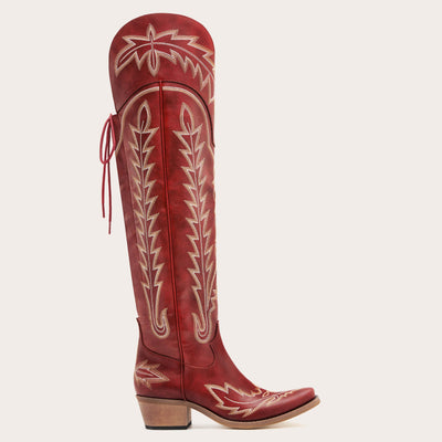 The Ross - Red Over-the-Knee Cowgirl Boots with Back Tie & Embroidery
