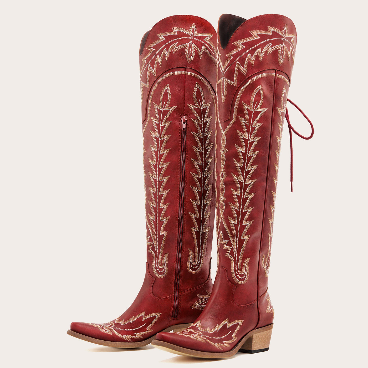 The Ross - Red Over-the-Knee Cowgirl Boots with Back Tie & Embroidery