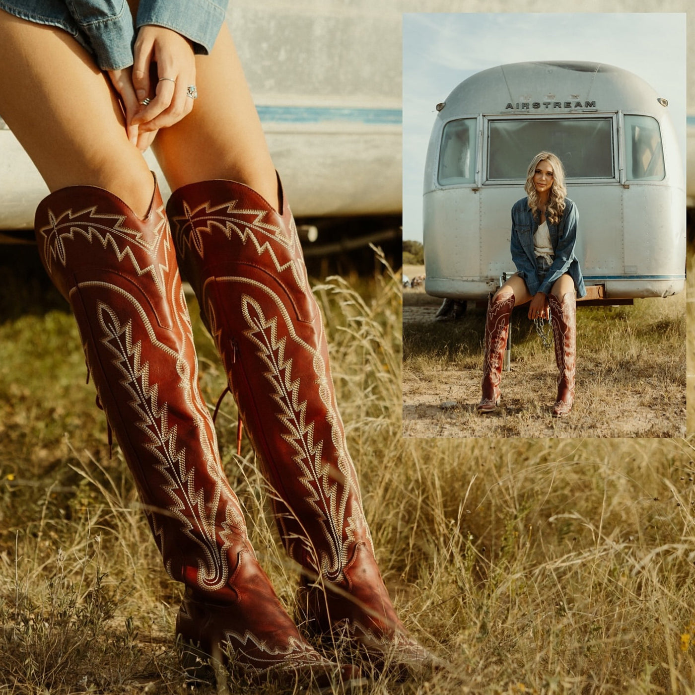 The Ross - Red Over-the-Knee Cowgirl Boots with Back Tie & Embroidery